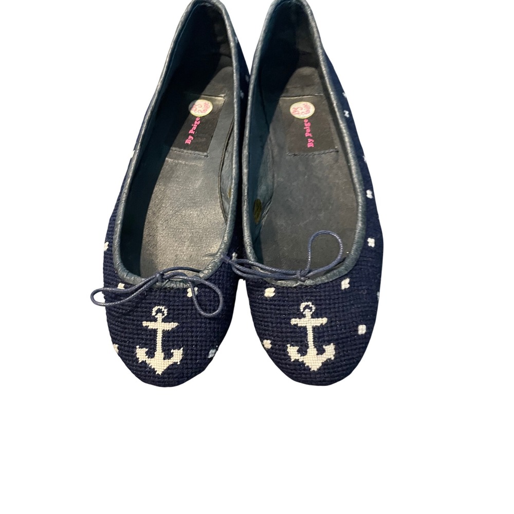 By Paige Needlepoint Ballet Flats Navy Blue White Anchor Nautical Womens 9.5